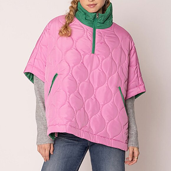 Quilted Short Sleeves Puffer Pullover Poncho in Pink and Green. NEW - Picture 1 of 7